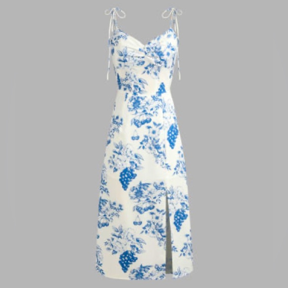 Cider Floral Tie Shoulder Slit Midi Dress Size Small White/Blue